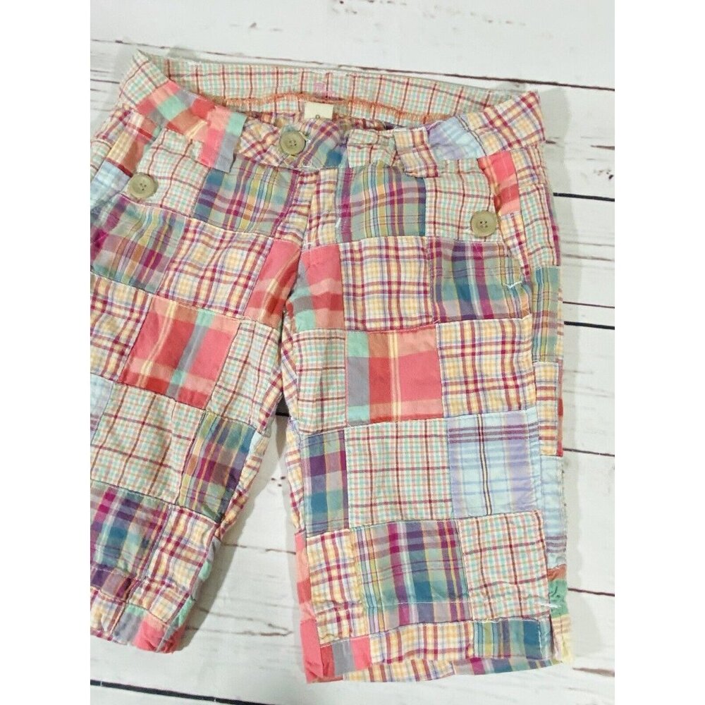 Zoo Plaid Shorts Womens Sz 0 Flat Front 11” Inseam Longer Pink Tan Rolled Cuff - Picture 3 of 10